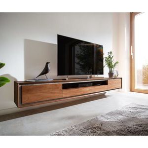 TV stolek Stonegrace 240 cm akácie hnědá 2 dvířka 2 zásuvky 1 obraz