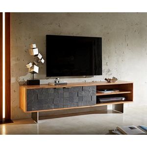TV stolek Teele 160 cm přírodní akácie břidlice 2 dvířka podnož obraz