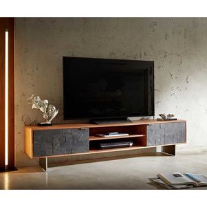 TV stolek Teele 200 cm přírodní akácie břidlice 2 dvířka podnož obraz