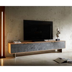 TV stolek Teele 220 cm přírodní akácie břidlice 4 dvířka podnož obraz