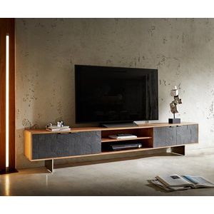 TV stolek Teele 240 cm přírodní akácie břidlice 4 dvířka podnož obraz