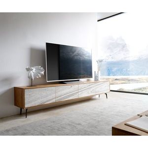 TV stolek Kleo 220 cm přírodní akácie 4 dvířka šikmá podnož obraz