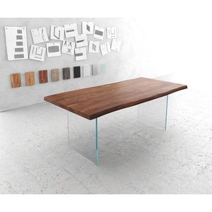 Jídelní stůl Edge 200x100 cm XL akácie hnědá skleněná podnož obraz