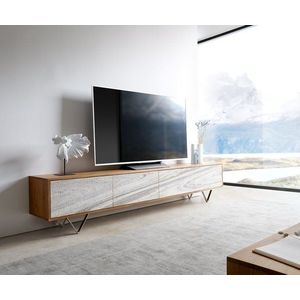 TV stolek Kleo 220 cm přírodní akácie 4 dvířka podnož ve tvaru obraz