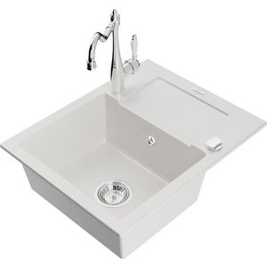 MEXEN/S Enzo granitový dřez 1 s odkapávačem včetně baterie Carla, bílá 6506-20-670700-00 obraz