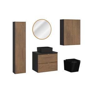 Comad Koupelnová sestava s deskou, skříňkami umyvadlem, zrcadlem a toaletou Talia Casella 60 cm černý mat/dub casella obraz