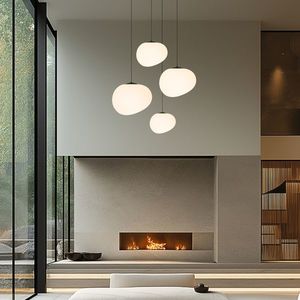 Závěsná lampa STONES 30 cm v japonském stylu - s bílým stínidlem inspirovaným organickým kamenem - minimalistické stropní osvětlení do obývacího pokoje E27 obraz