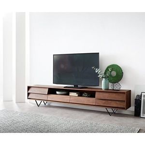 TV stolek Eloi 240x35 cm akácie hnědá 2 dvířka 2 zásuvky podnož obraz