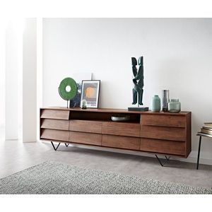 Komoda Eloi 240x40 cm akácie hnědá 2 dvířka 4 zásuvky podnož ve obraz