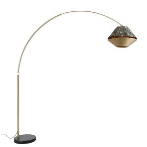 Mosazná oblouková lampa s dvojitým sametovým stínidlem s motivem listů a béžovou barvou - XXL obraz