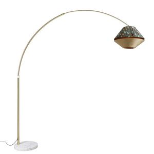 Mosazná oblouková lampa s bílým dvojitým sametovým stínidlem s listovým designem a béžovou barvou - XXL obraz
