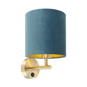 Elegantní nástěnná lampa zlatá s modrým sametovým stínítkem - Matt obraz