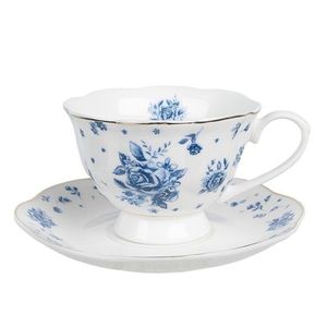 Šálek s podšálkem s modrými růžičkami Blue Rose Blooming - 12*9*6 cm / Ø 14*2 cm / 200 ml BRBKS obraz
