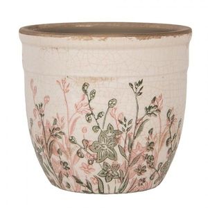 Béžový antik keramický obal na květináč s růžovo-zelenými květy S - Ø 13*11 cm 6CE1974S obraz