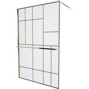 MEXEN/S KIOTO Sprchová zástěna WALK-IN s poličkou a držákem ručníků 110 x 200, transparent/černá 8 mm, zlatá 800-110-121-50-78 obraz