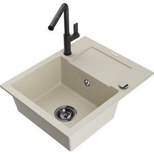 MEXEN/S Enzo granitový dřez 1-miska s odkapávačem včetně baterie Flora, béžová 6506-69-670401-70-B obraz