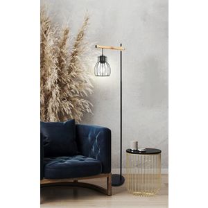Stojací lampa černá s ocelovým košovým stínidlem Bernita obraz