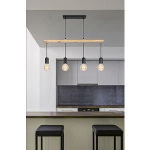 Závěsná lampa černá + dřevo 4x60W Izzy obraz