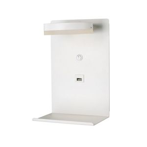 Bílá LED nástěnná lampa s odkládací plochou na telefon, USB nabíječka, kompaktní obraz