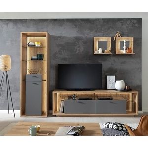 Nástěnná police Lome 45x20 cm dub sada 2 úložných přihrádek LED obraz