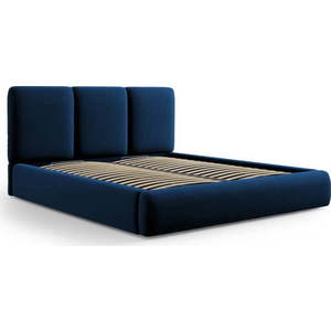 Tmavě modrá sametová čalouněná dvoulůžková postel s úložným prostorem s roštem 140x200 cm Brody – Mazzini Beds obraz