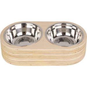 Sada 2 kovových misek ve světlém dřevěném podstavci PT LIVING Pet, šířka 18 cm obraz