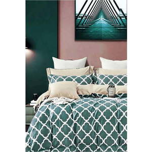 Zeleno-béžové prodloužené čtyřdílné bavlněné povlečení na dvoulůžko s prostěradlem 200x220 cm Geometric – Mila Home obraz