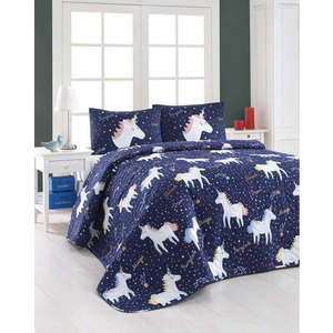 Set prošívaného přehozu a 2 povlaků na polštáře Eponj Home Magic Unicorn Dark Blue, 200 x 220 cm obraz