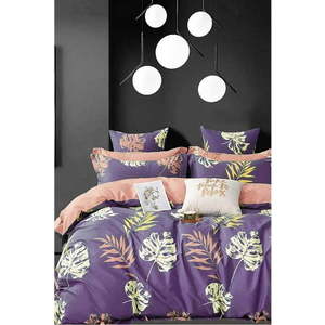 Fialové prodloužené čtyřdílné bavlněné povlečení na dvoulůžko s prostěradlem 200x220 cm Leaves – Mila Home obraz