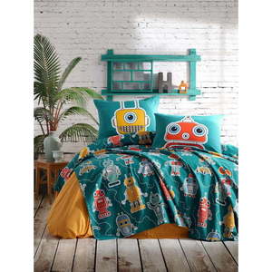 Set přehozu a 2 povlaků na polštáře EnLora Home Robotta Green, 200 x 235 cm obraz