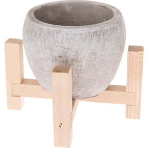 Šedý betonový květináč v dřevěném stojanu Dakls Natural, ø 13 cm obraz
