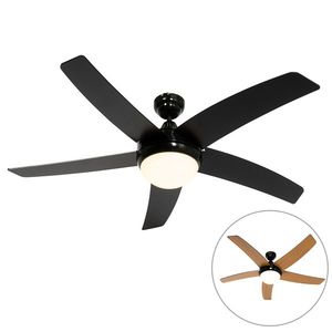 Chytrý stropní ventilátor černý s dřevěným potiskem 132 cm vč. LED stmívatelné s dálkovým ovládáním - Cool obraz