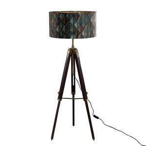 Stojací lampa Cortin s mosazným trojnohým podstavcem, sametovým stínidlem s designem listů a zlatým vnitřkem obraz