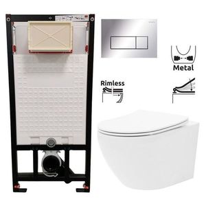 DEANTE Podomítkový rám, pro závěsné WC mísy + SLIM tlačítko chrom + WC REA Carlo Flat Mini Rimless + SEDÁTKO CST_WC01 051P CF1 obraz