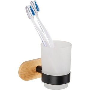 Samodržící skleněný kelímek na zubní kartáčky v černé a přírodní barvě Orea Bamboo – Wenko obraz