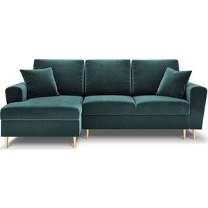 Sametová rozkládací/s úložným prostorem rohová pohovka v petrolejové barvě (levý roh/s lenoškou) Kyoto – Cosmopolitan Design obraz