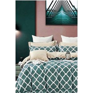 Zeleno-béžové prodloužené čtyřdílné bavlněné povlečení na dvoulůžko s prostěradlem 200x220 cm Geometric – Mila Home obraz