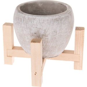 Šedý betonový květináč v dřevěném stojanu Dakls Natural, ø 13 cm obraz