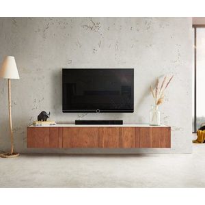 TV stolek Secara 200 cm akácie hnědá 4 dvířka mramor závěsné obraz