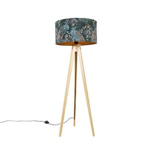 Moderní stojací lampa dřevěná slátkovým stínítkem černý páv 50 cm - Tripod Classic obraz