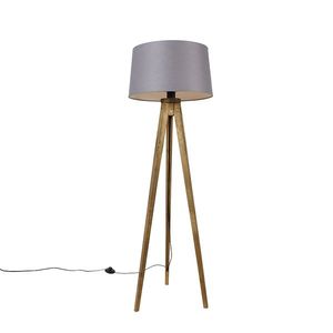 Rustikální stojací lampa s trojnožkou vintage dřevo s plátěným stínítkem tmavě šedá 45 cm - Tripod Classic obraz
