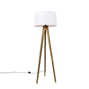 Rustikální stojací lampa na trojnožce vintage dřevo s bílým lněným stínítkem 45 cm - Tripod Classic obraz