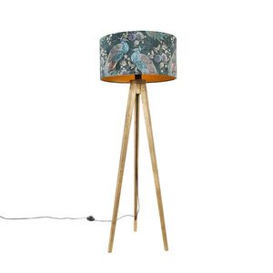 Stojací lampa s trojnožkou Vintage dřevo sstínítkem zelená spavími peříčky 50 cm - Tripod Classic obraz