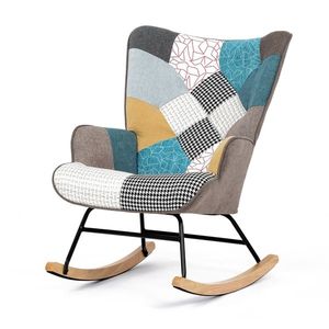 Houpací křeslo CANLEMSAR, patchwork látka, masiv kaučukovník obraz