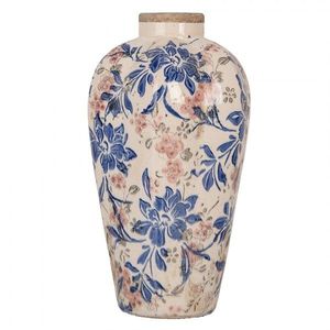 Béžová keramická dekorační váza s modrými květy Marsia S - Ø 17*30 cm 6CE1935S obraz