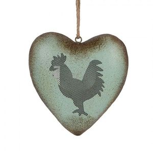Zelené antik kovové srdce s kohoutem Rooster - 23*7*23 cm 6Y5848 obraz