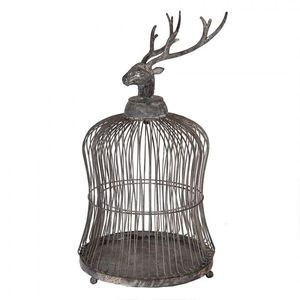 Šedá antik kovová dekorace ptačí klec jelen Deer - Ø 26*50 cm 5Y1344 obraz