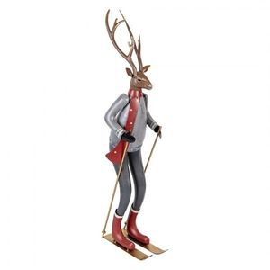 Šedo-hnědá antik kovová dekorace jelen na lyžích Deer - 19*15*65 cm 5Y1316 obraz