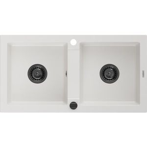 MEXEN/S Mario granitový dřez 2-bowl 820 x 436 mm, bílá, + sifon grafit 6504822000-20-B obraz