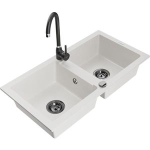 MEXEN/S Mario granitový dřez 2-bowl včetně baterie Telma, bílá 6504-20-670200-70 obraz